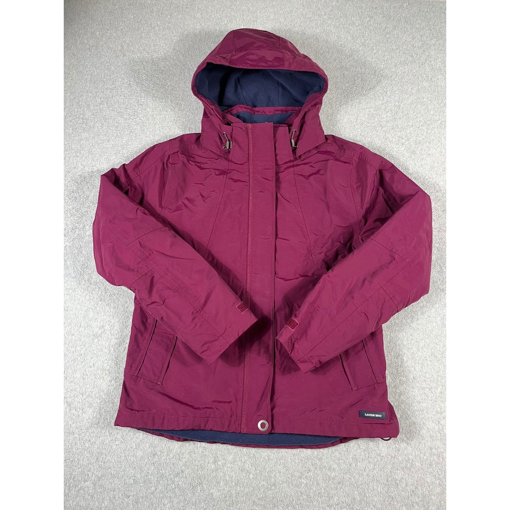 Lands End Squall Jacket Womens Small 6-8 Burgundy Hooded Fleece Lined Coat